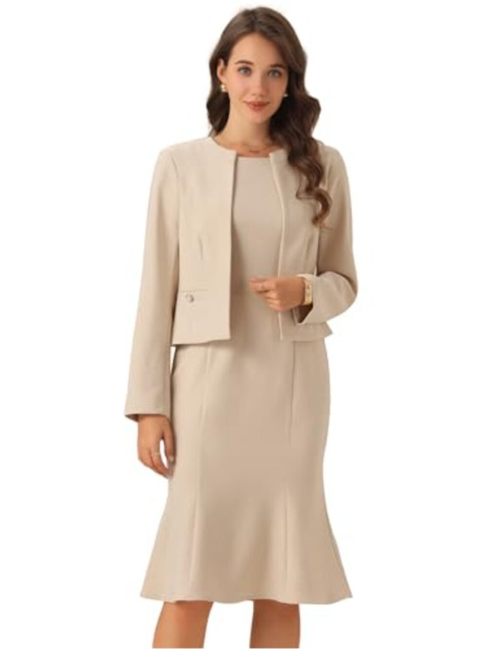 Womens Cropped Blazer Midi Mermaid Dress Suit Set Sleeveless Formal Work